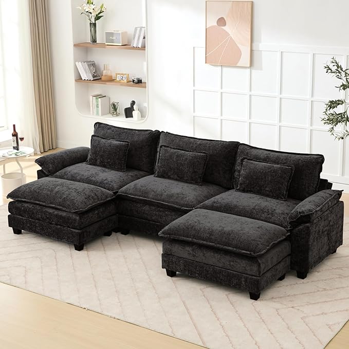 120 U Shaped Couch Modular Sectional Sofa Cloud Couch with Movable Ottoman Modern Chenille Deep Seat Sleeper Sofa with Throw Pillows for Living Room and Apartment (Black 5-Seat)