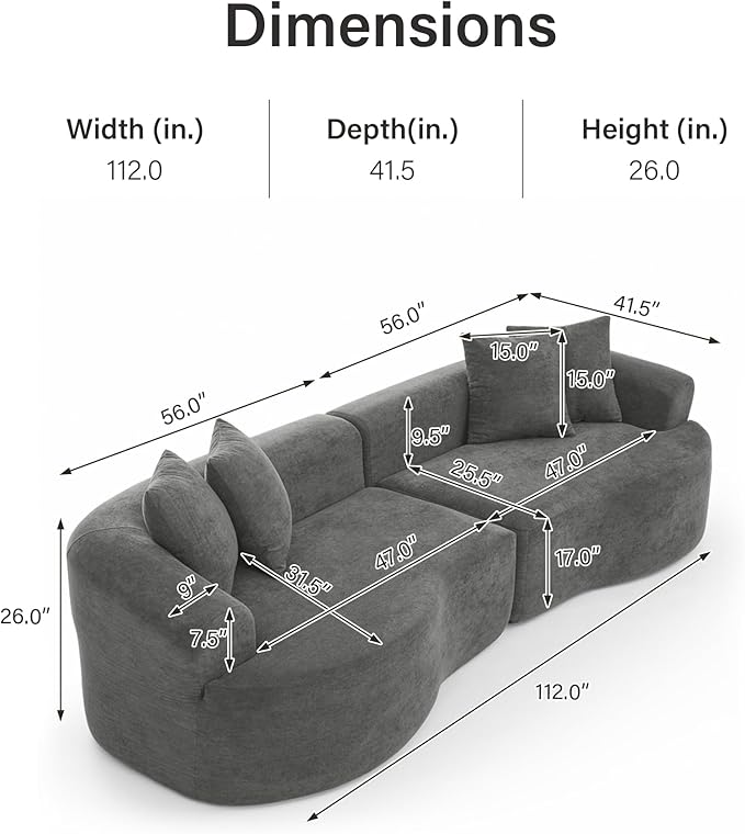 112'' Oversized Curved Modular Sectional Sofa Upholstered Chenille Boneless Couch Comfy Cloud Compression Sofa with Extra Deep &amp Wide Seat for Living Room Apartment Office Dark Gray