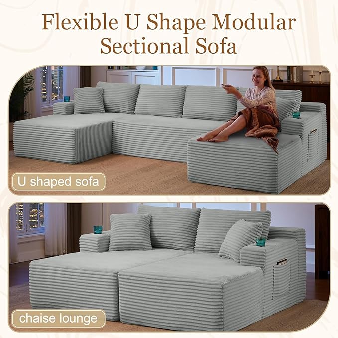 Modular Sectional Couch Modern Cloud Sectional Sofa U Shaped Boneless Couch with Double Chaise Comfy Deep Seat Upholstered Sofas Couches for Living Room No Assembly (134 Light Grey)