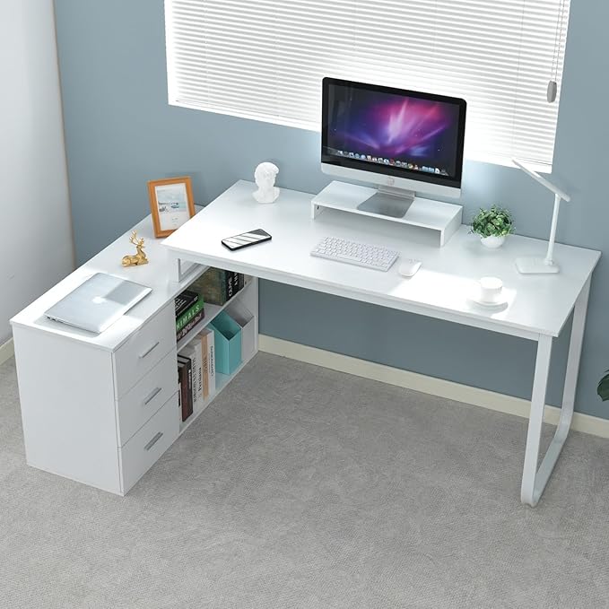 55 Inch White Desk with 3 Drawers L Shaped Desk with Storage Corner Desk with Monitor Stand and Shelves White