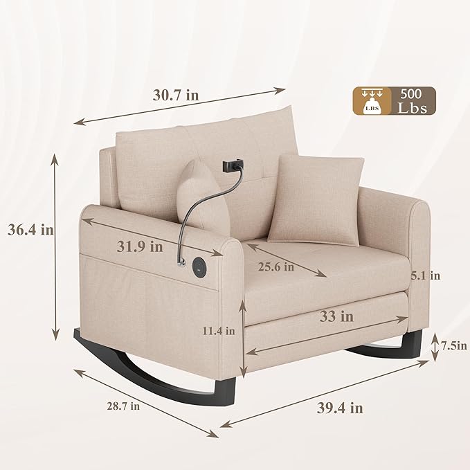 HOMREST Modern Accent Rocking Chair with Phone Holder Oversized Lounge Chair with High Back Side Pockets &amp USB Port Plush Wide Recliner for Living Room Bedroom Home Office Beige