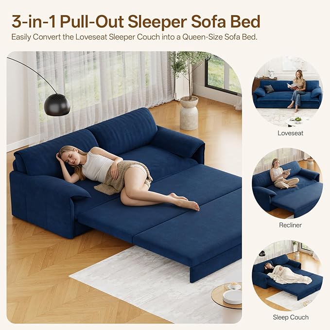 66 Queen Pull Out Couch BedVelvet 3-in-1 Queen-Size Sleeper SofaConvertible Pull-Out Sofa Bed with Side PocketsSleeper Loveseat for Living RoomApartment Offices (Blue)