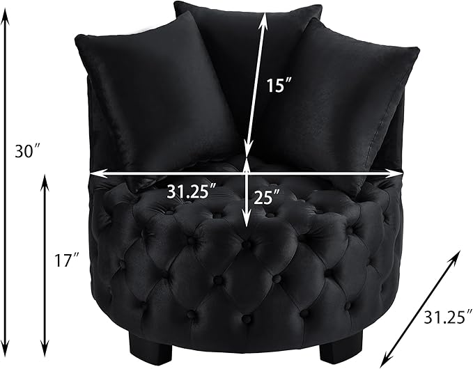 Velvet Accent Lounge Chair - 31.25''W Upholstered Button Tufted Velvet Barrel Chair with 3 Pillows with Button Tufted Modern Round Club Chair Reading Sofa Chair (Black)