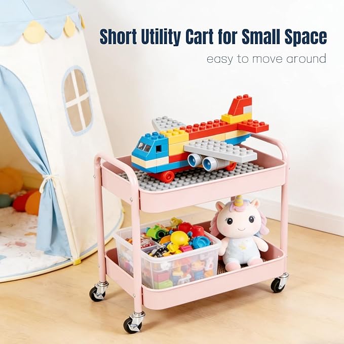 2 Tier Pink Rolling Cart with Wheels for Under Desk Storage Large Capacity Rolling Pantry &amp Kitchen Storage Cart for Small Space Sturdy Metal Bathroom Shelf Laundry Room Organization