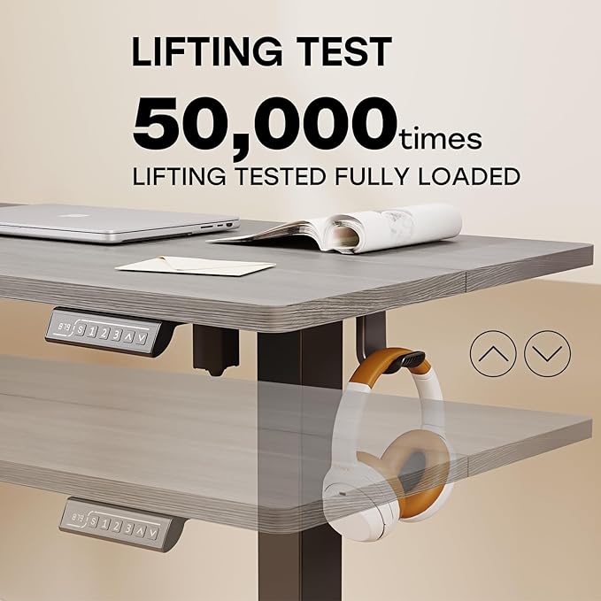 Grey Standing Desk 48 X 24 Inch Adjustable Height Electric Table Sit Stand Desk with 2 Hooks Ergonomic Rising Workstation with Splice Board
