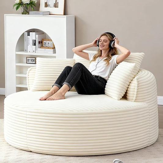 Oversized Round Chair Lounge Chaise Indoor 53.5 Corduroy Boneless Round Chair Fluffy Single Deep Seat Cloud Sofa Chairs Modern Circle Chaise Lounge for Bedroom Living Room Beige White