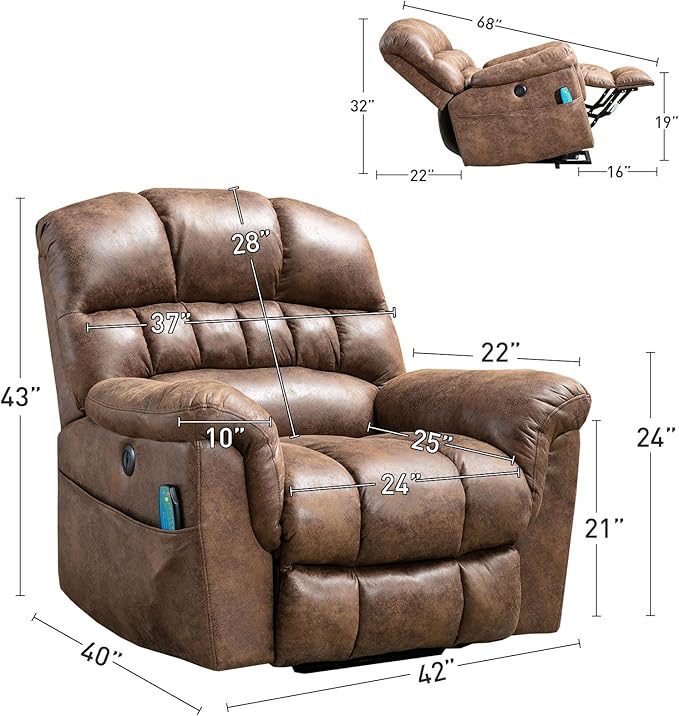 Bonzy Home Power Lift Chairs Recliner with Massage and Heating Electric Recliner Chair with 24 Wide Seat for Big People Full Padded Backrest Waterproof Faux Leather USB Charging Ports Brown