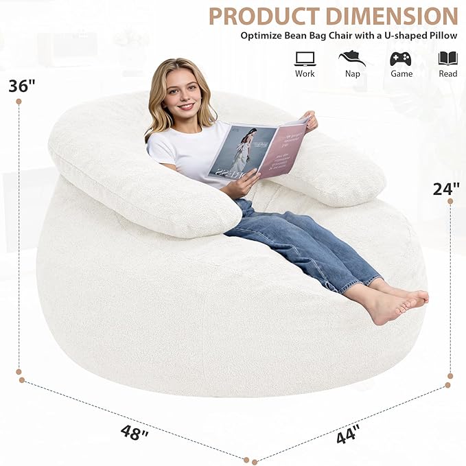 HABUTWAY Giant Bean Bag Chair Oversized Beanbag Chair with Filler Ultra Soft Teddy Fleece Bean Bag Lounge Floor Sofa w/U-Shaped Pillow for Gaming Reading Beige &amp Beige
