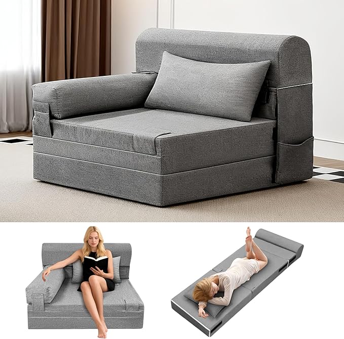 Convertible Folding Sofa Bed-Sleeper Chair with Pillow and Armrest Modern Linen Fabric Floor &amp Futon Sofa Bed Foldable Memory Foam Couch for Living Room/Home Office Single Size Light Gray