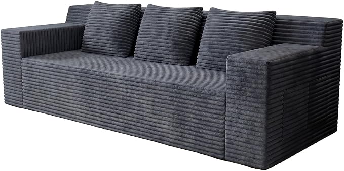71 Corduroy Living Room Sofa 3 Setaser Deep Seat Couch with 3 Lumbar Pillows Comfy Boneless Sofa Modern Compressed Couch for Bedroom Office Apartment No Assembly Flat Armrests (Dark Grey)