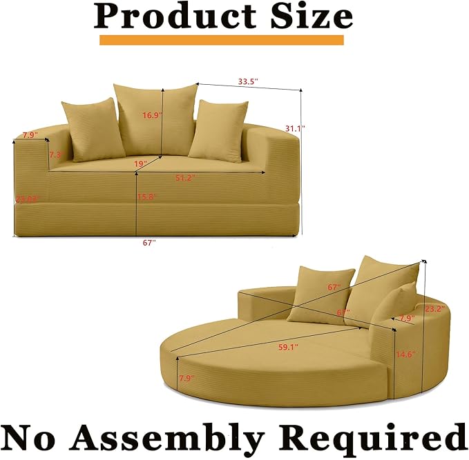 Yellow Boneless Loveseat Couch - 67 Circular Convertible Sofa Bed No Assembly Corduroy Folding Floor Futon with Pillows for Small Spaces (Yellow)