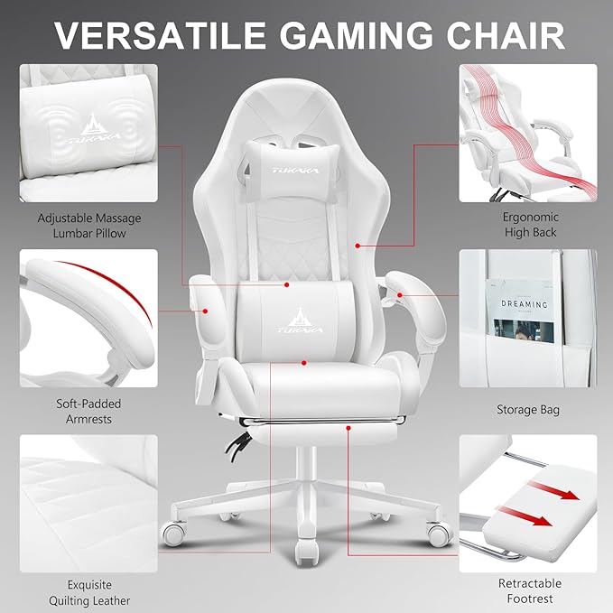 White Gaming ChairErgonomic Massage Computer Office Desk Chair with FootrestPocket Spring CushionReclining Leather Adjustable Gamer Chair with Headrest and Lumbar SupportWhite