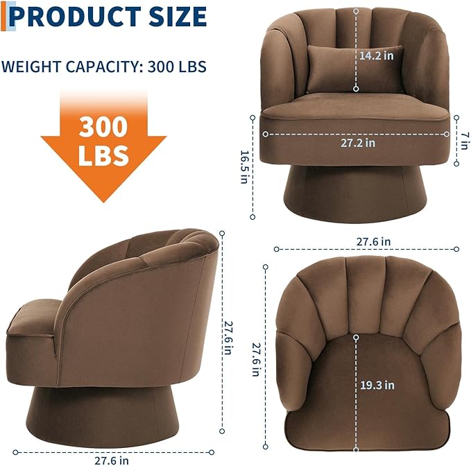 Swivel Accent Chair with Armrest Modern 360 Degree Swivel Round Lounge Chair with Curve Back and Cushion Comfy Upholstered Armchair Single Sofa for Living Room Bedroom Reading Room Brown 2PCS