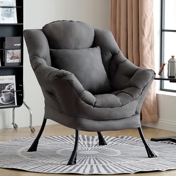 Lazy Chair for Living Room Large Dark Grey Accent Chair with a Throw Pillow Leisure Sofa Chair Set Comfy Reading Chair for Bedroom Dorm Room Office