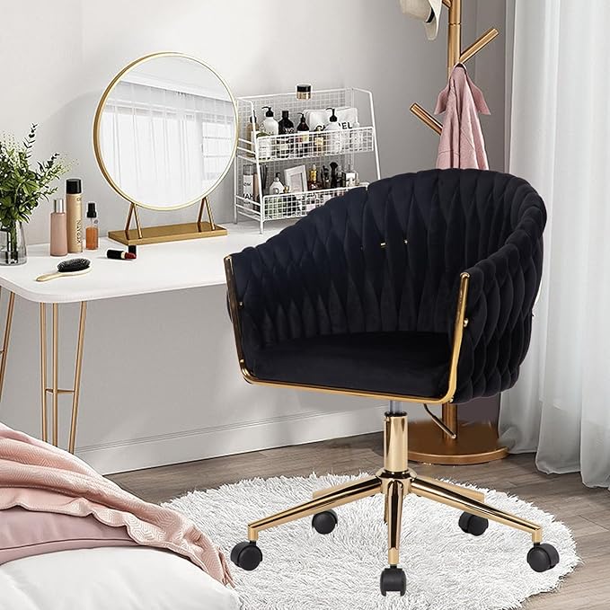 Velvet Office Chair with Hand Woven Black Vanity Chairs with Golden Wheels 360° Swivel Home Office Desk Chair Computer Chairs Accent Chair Makeup Chair for Bedroom Living Room(Black)