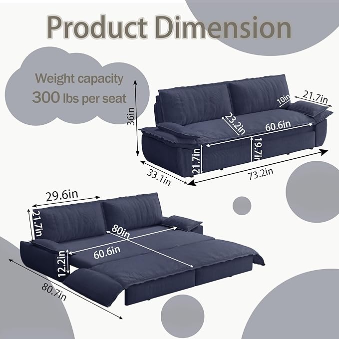 73.2 Queen Size Pull Out Sofa Bed 3-in-1 Convertible Sleeper Corduroy Loveseat for Living Room Apartment Bedroom Small Spaces Dusty Blue (Mattress &amp Bedding Not Included)