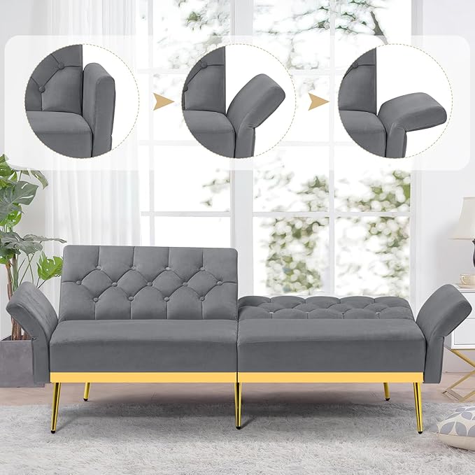 Velvet Sofa Bed w/Adjustable Armrests and Backrests Modern Convertible Sleeper Sofa Tufted Futon Sofa for Bedroom Living Room Apartment Grey