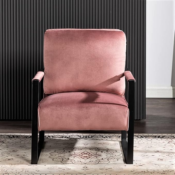 Container Furniture Classic Mid Century Modern Accent Chair with Durable Square Metal Frame Armchair for Living Room Bedroom Home Office in Plush Velvet Upholstery Rose