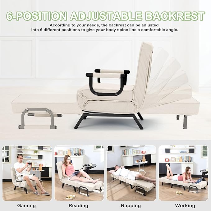 Folding Sofa Bed Sleeper Chair3-in-1 Single Convertible Sofa with Adjustable BackrestLazy Bed Leisure Recliner with PillowTri-fold Upholstered Armchair (Beige Standard)