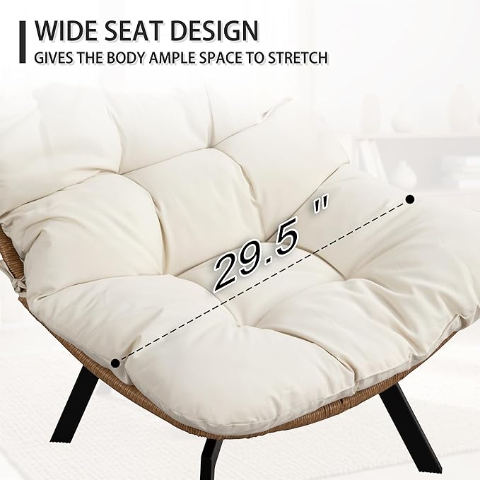 JAMFLY Accent Chair Modern Wicker Swivel Living Room Chairs with Oversized Seat &amp Cushion Papasan Chair Metal Frame Phone Pocket for Bedroom Study Balcony Beige