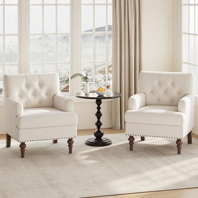 Upholstered Accent Chair with Thick Cushion High Back Reading Chair Linen Blend Armchair with Solid Rubberwood Legs for Living Room Bedroom Reading Apartment &amp Small SpacesBeigeSet of 2