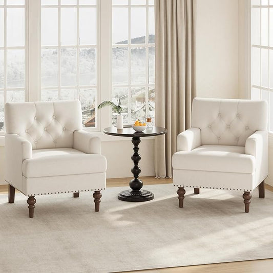 Upholstered Accent Chair with Thick Cushion High Back Reading Chair Linen Blend Armchair with Solid Rubberwood Legs for Living Room Bedroom Reading Apartment &amp Small SpacesBeigeSet of 2