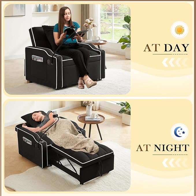 Convertible Sleeper Sofa Chair Bed 3 in 1 Tufted Velvet Pull Out Sleeper Chair with Adjustable Backrest &amp Phone Holder Modern Single Sofa for Living Room Small Spaces Apartment Black
