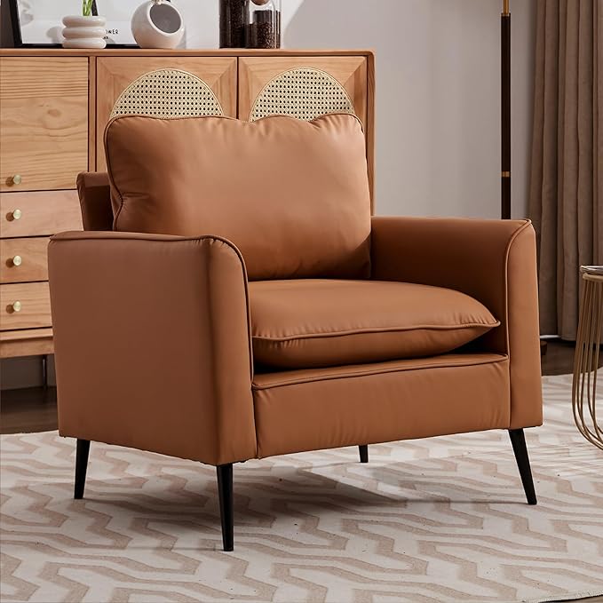 YISHENG Mid-Century Modern Living Room Accent Chairs Set of 2 - Oversized Faux Leather Armchairs with Removable Cushions &amp Metal Legs Comfortable Sofas for Office/Lounge/Bedroom/Reception（Brown）