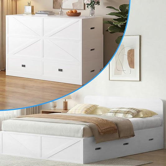 PUREMIND Murphy Bed Full with Mattress Included Wood Cabinet Bed with Dual Storage Drawers &amp 2 Pillows 3-in-1 Convertible Sofa Beds for Small Space Guest Room White