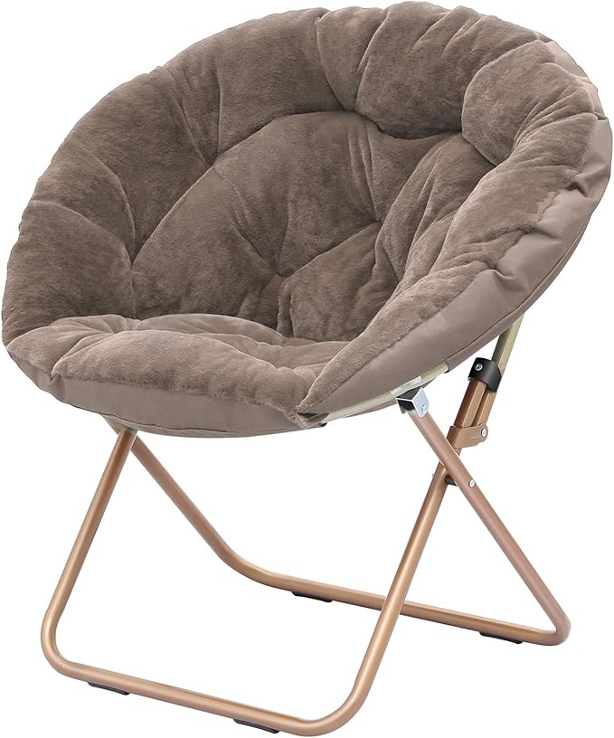 Cozy Saucer Chair Living Room Chair Faux Fur Soft Thick Padded Seat Metal Frame Folding Chair Comfortable Moon Chair for Living Room Bedroom Reading Nook Modern Style 1 Pack Brown