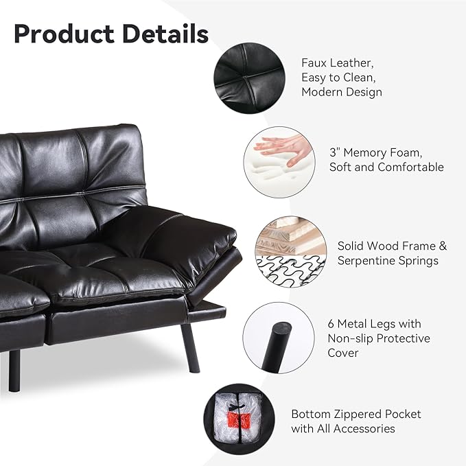 71 Convertible Futon Sofa BedBright Black Faux Leather Futon CouchMemory Foam Reclining Sleeper Sofa BedModern Folding Small Loveseat Couches for Living RoomOfficeApartment
