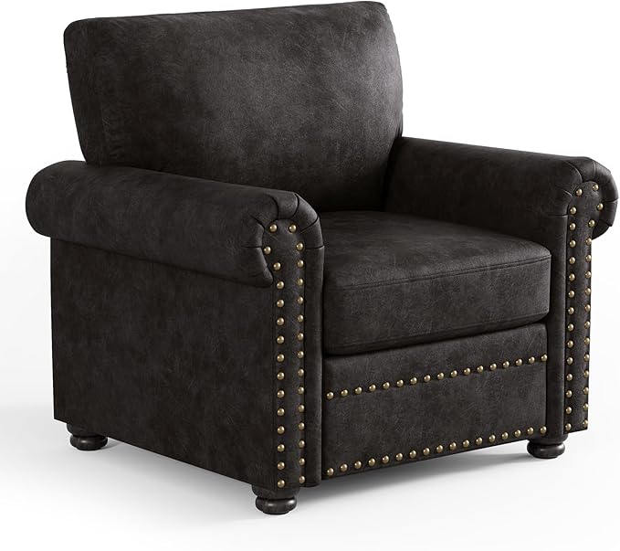 ONBRILL Nailhead Trim Accent Chair Faux Leather Club Chair for Living Room Comfy Armchair with Springs Cushions &amp Solid Wood Legs Traditional Rolled Arms Single Sofa for Bedroom Apartment Bla