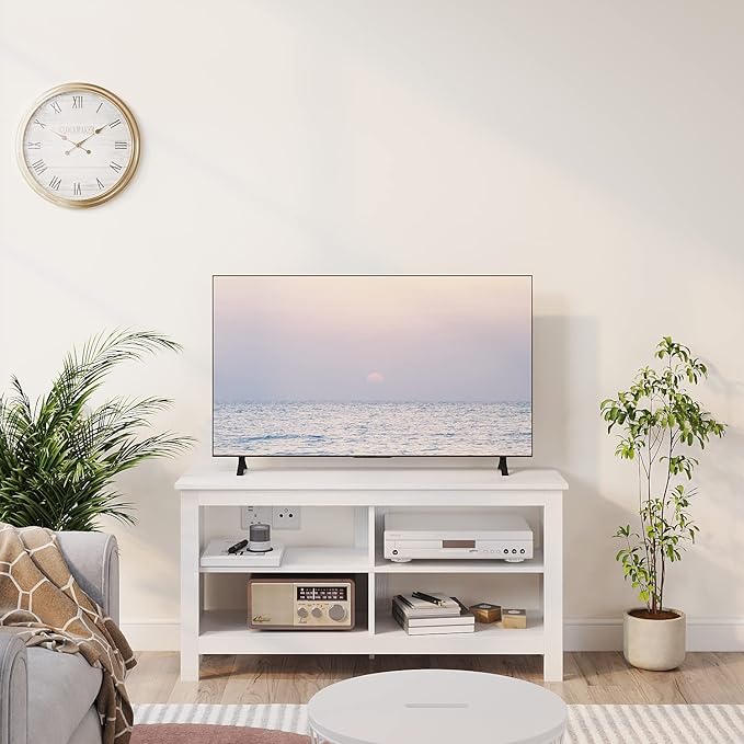 43 Inches TV StandMid Century Modern Entertainment Center with 4 Open Shelves Farmhouse TV Media Console Table for Living RoomBedroomTelevision Stand up to 50 Inches(White)