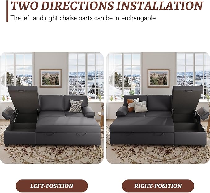 80 inch Convertible Sectional Sofa L-Shaped Sofa Sleeper with Reversible Chaise Faux Leather Couch Bed with StorageRemovable ArmrestModern Pull Out Bed for Living Room BedroomGray