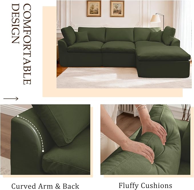 112 Cloud Sectional Couches for Living Room Modern Modular Sectional Sofa with Ottoman Boneless Cloud Couch with Comfy Deep Seats Fluffy Chenille L-Shape Sofa Couch for Living Room Green