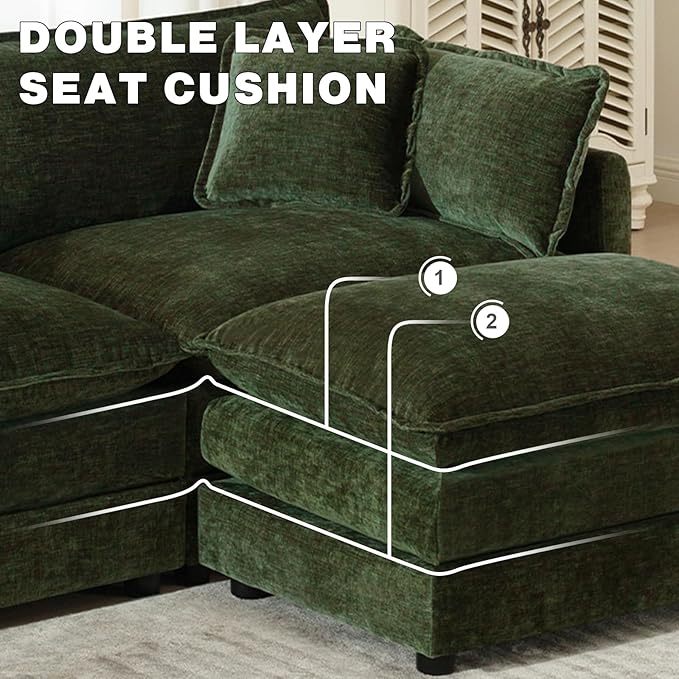 149.6 Oversized Modular L-Shaped Sectional Sofa with OttomanChenille 4-Seat Deep Seating Couch for Large Living Room &amp Home TheaterGreen | High-resilience Foam Deep Seat Medium Soft Removabl