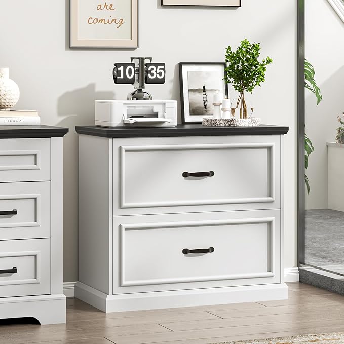 2 Drawer File Cabinet Farmhouse Lateral Filing Cabinet for Letter/A4/F4/Legal Size Hanging Files Large Wood File Storage Cabinets Printer Stand for Home Office White and Black