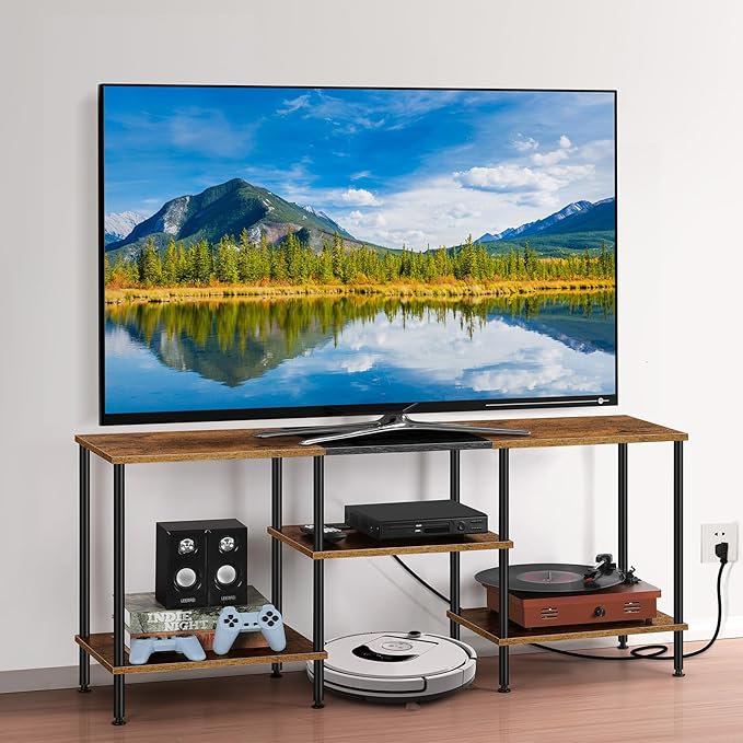 TV Stand for Bedroom 50 Inch TV Stand with Power Outlet 3 Tier Entertainment Center with Storage TV Console Table for 50 43 40 32 Inch TV Rustic Brown