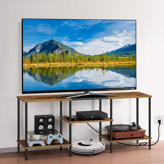TV Stand for Bedroom 50 Inch TV Stand with Power Outlet 3 Tier Entertainment Center with Storage TV Console Table for 50 43 40 32 Inch TV Rustic Brown