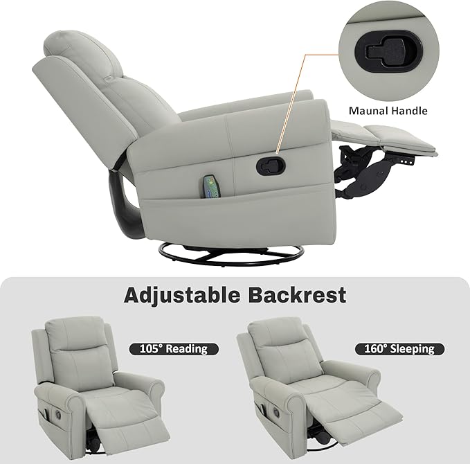 Merax 270°Swivel Rocker Recliner Chair PU Leather Manual Recliner with Massage and Heating Dual Reclining Positions and Side Pocket and for Living Room Bedroom or Nursery Grey