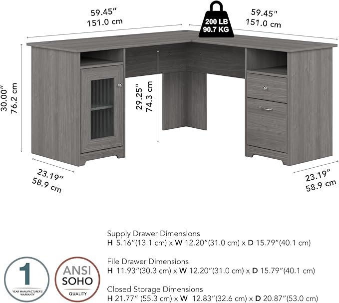 Bush Home Cabot 60W L Shaped Computer Desk with Storage in Modern Gray 60-inch Corner Table with Drawers for Home Office Workspace