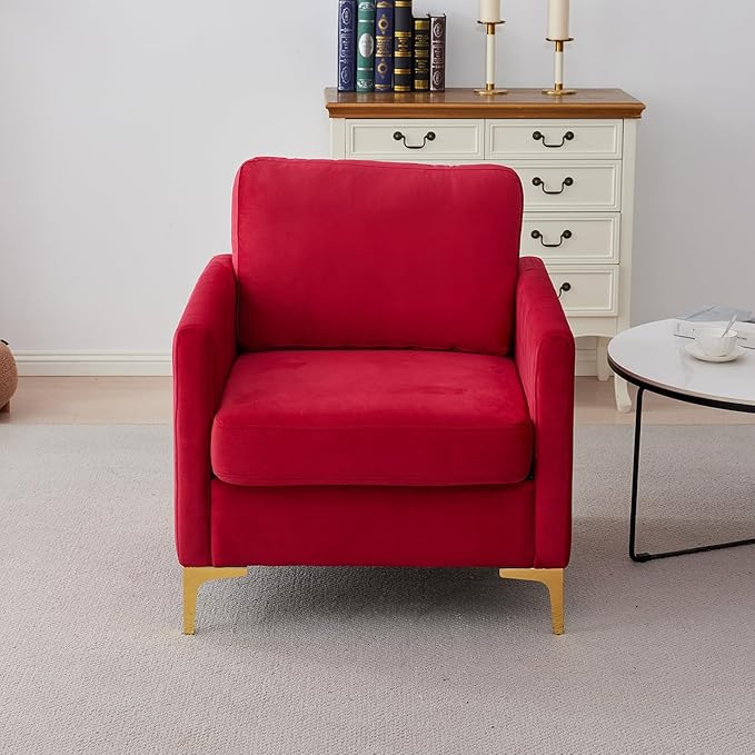 Red Velvet Accent Chair Upholstered Armchair with Gold Metal Legs Modern Single Sofa Chair for Living Room Bedroom Office