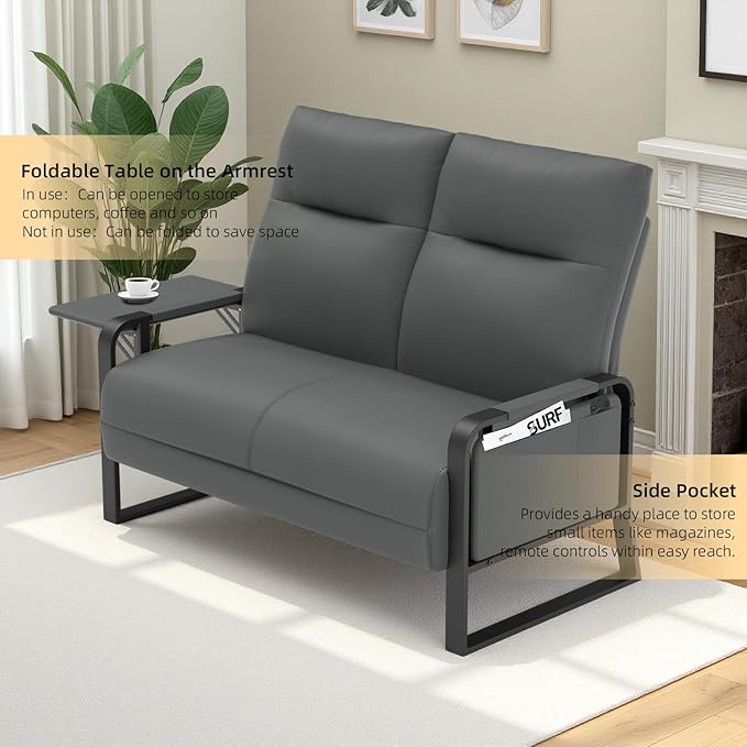 Faux Leather Loveseat Couch for Living Room Bedroom Office Small Sofa 2 Seater Couch with Flip Up Tray Table Side Pockets Leather Loveseats Gray