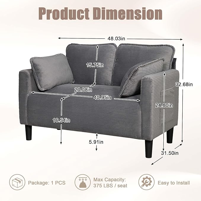 Beige Loveseats for Small Spaces 48 Inch Corduroy Couch with Side Pocket Modern 2 Seater Sofa Couch for Small Apartment Bedroom &amp Home Office High Rebound Sponge Easy Assembly (Grey 48”) | S
