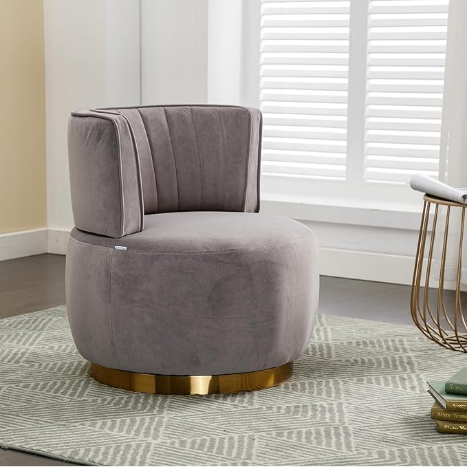 Luxyhome Swivel Barrel ChairMid Century Modern Accent ChairFluffy Velvet Upholstered Comfy ArmchairRound Sherpa Chair with Gold Base for NurseryLiving RoomBedroomOfficeWaiting Room Grey