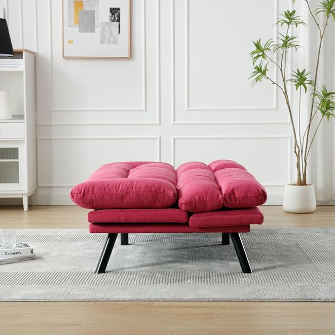 Convertible Futon Sofa Bed Linen Folding Loveseat Couch with Adjustable Backrest and Wooden LegsDouble Sleeper Sofa Couches for Small Spaces Living Rooms Apartment Office (Rose Red)