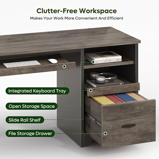 Bestier 47 Office Desk with Drawers Industrial Computer Desk with Drawer Reversible Teacher Desk with Storage &amp Keyboard Tray for Small Space Home Office &amp Studio Gray Wash