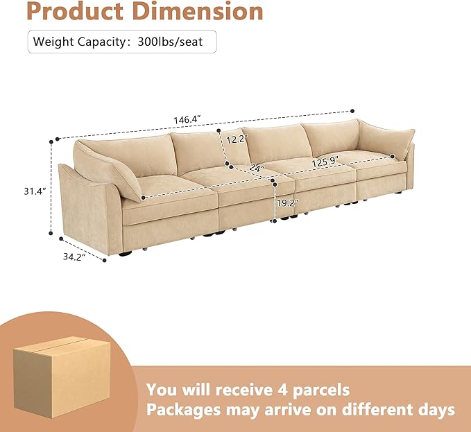 Modular Sectional Sofa with Pull out Storage Drawers 146.4 Comfy Upholstered Chenille 4-Seat Sofa Oversized Deep Storage Seat Couch 2 Armrest Pillows for Living Room Bedroom Apartment Wheat