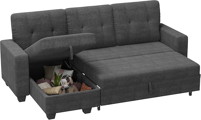 Homall Sleeper Sofa Bed Couch with Pullout Bed and Reversible Storage Chaise L Shaped Sofas for Apartment Small Space (Linen Fabric Dark Grey)