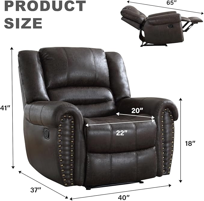 INZOY Leather Recliner Chair Heavy Duty Manual Reclining Sofa Single Lounge Sofa for Living Room Home Theater Seating Dark Grey